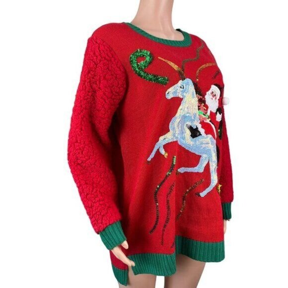 99 Jane Street Womens Red Santa Holiday Sequin Unicorn Hi-Low Sweater Top SZ 1X - Picture 14 of 15